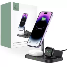   Tech-Protect A22 3 az 1-ben MagSafe iPhone + Apple Watch + AirPods Qi vezeték nélküli töltő állvány - Fekete