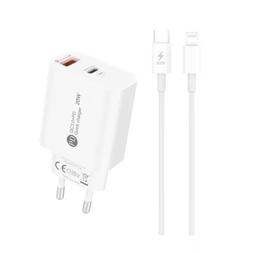 USB-A + USB-C hálózati töltő, 20W, 1 m USB-C - Lightning kábellel - Fehér - A6MaxL