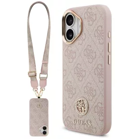   iPhone 17, Guess - Hardcase 4G Strass Logo MagSafe tok, pánttal - Rózsaszín