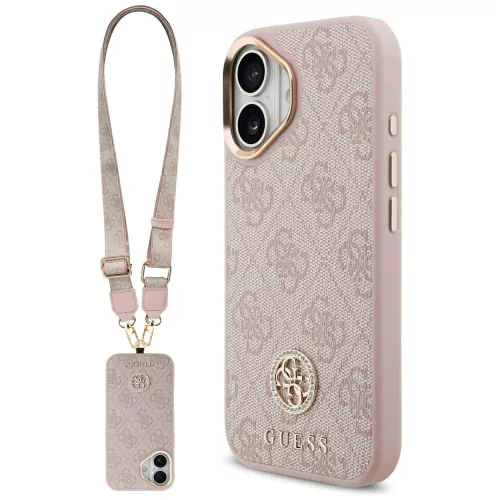 iPhone 17, Guess - Hardcase 4G Strass Logo MagSafe tok, pánttal - Rózsaszín