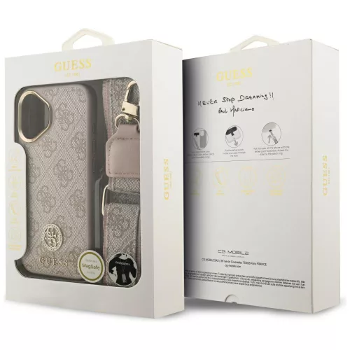 iPhone 17, Guess - Hardcase 4G Strass Logo MagSafe tok, pánttal - Rózsaszín