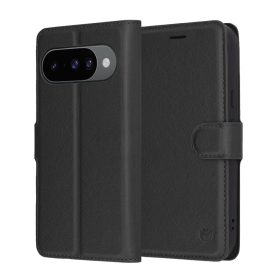   Google Pixel 10 / 10 Pro, Kinyitható kártyatartós ECO bőr tok, állványfunkcióval - Fekete - Techsuit Leather Folio
