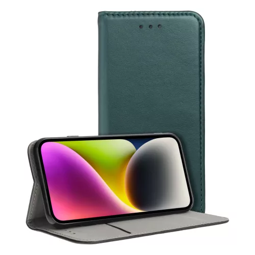 Samsung Galaxy A34 5G, Mágneses Kinyitható ECO bőr tok belső kártyatartó zsebbel - Zöld - Smart magneto 