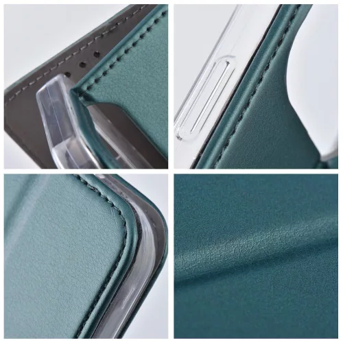 Samsung Galaxy A34 5G, Mágneses Kinyitható ECO bőr tok belső kártyatartó zsebbel - Zöld - Smart magneto 
