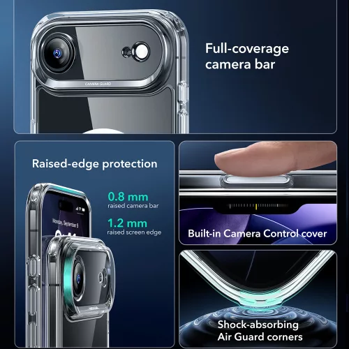 iPhone 17 Air, Ütésállő MagSafe-es tok, Kameravédelemmel, Légpárnás sarkokkal - Átlátszó - ESR Classic Hybrid HaloLock