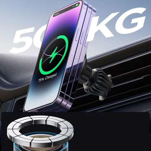 Mágneses autós telefontartó vezeték nélküli gyorstöltéssel (15W), szellőzőrácsra - Fekete - Joyroom JR-ZS240 Pro