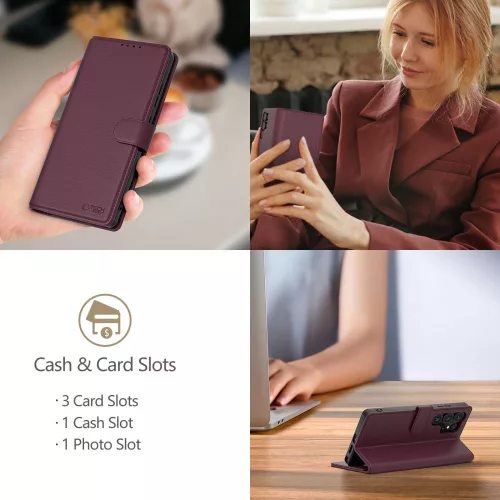 Samsung Galaxy A36/A56, Elegáns Öko bőr telefontok kártyatartóval és állványfunkcióval - Bordó - Tech-Protect Wallet