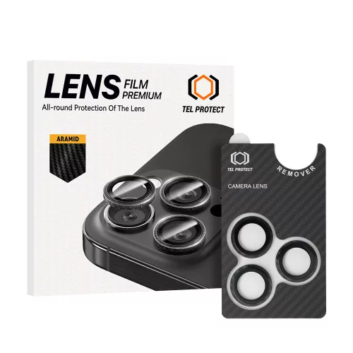 iPhone 16 Pro/16 Pro Max, Edzett üveg kamera védő Aramid kerettel (3 db lencse) - Protect 3D Lens Aramid Series