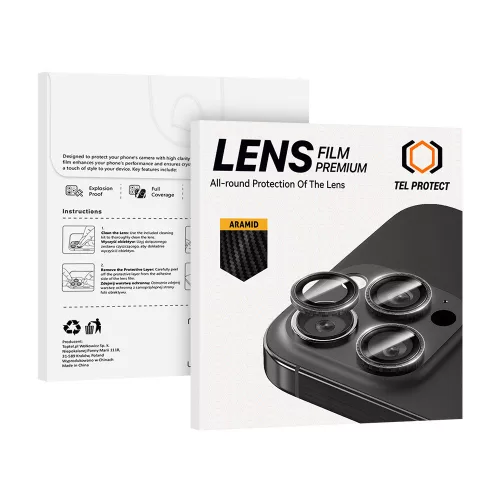iPhone 16 Pro/16 Pro Max, Edzett üveg kamera védő Aramid kerettel (3 db lencse) - Protect 3D Lens Aramid Series