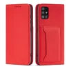 Samsung Galaxy A13 5G - Kinyitható tok, Ökobőrből, kártyatartóval, állványfunkcióval, mágneses záródással - Piros - Magnet Card Case