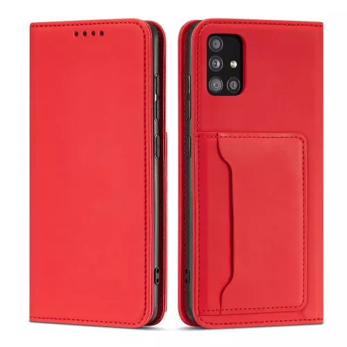 Samsung Galaxy A13 5G - Kinyitható tok, Ökobőrből, kártyatartóval, állványfunkcióval, mágneses záródással - Piros - Magnet Card Case