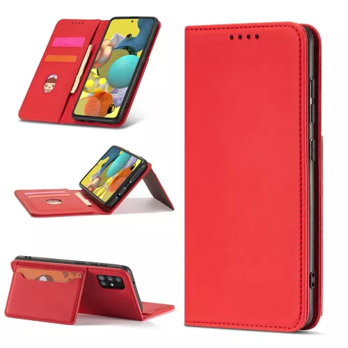 Samsung Galaxy A13 5G - Kinyitható tok, Ökobőrből, kártyatartóval, állványfunkcióval, mágneses záródással - Piros - Magnet Card Case