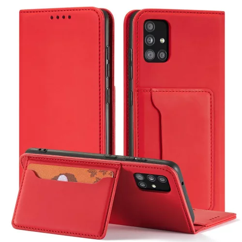 Samsung Galaxy A13 5G - Kinyitható tok, Ökobőrből, kártyatartóval, állványfunkcióval, mágneses záródással - Piros - Magnet Card Case