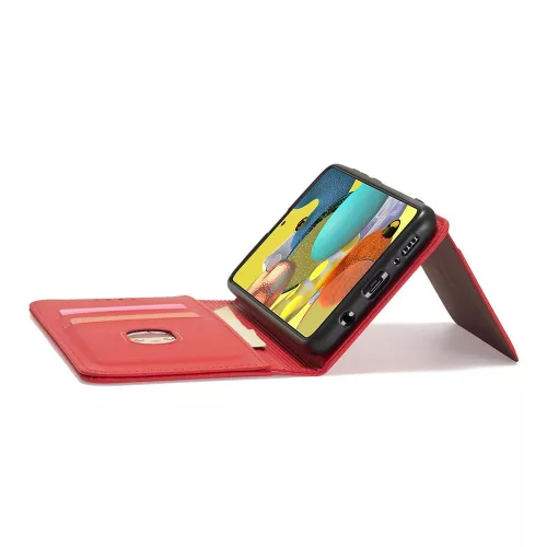 Samsung Galaxy A13 5G - Kinyitható tok, Ökobőrből, kártyatartóval, állványfunkcióval, mágneses záródással - Piros - Magnet Card Case