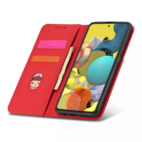 Samsung Galaxy A13 5G - Kinyitható tok, Ökobőrből, kártyatartóval, állványfunkcióval, mágneses záródással - Piros - Magnet Card Case