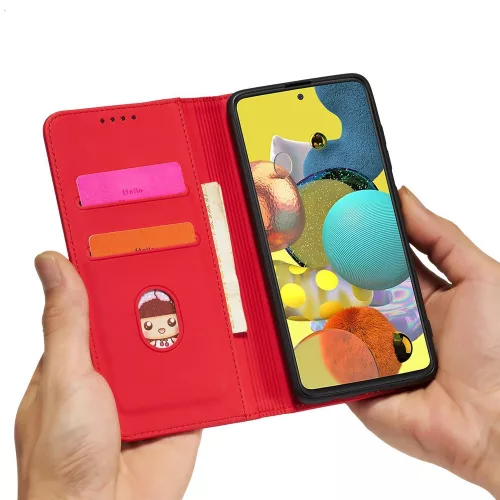Samsung Galaxy A13 5G - Kinyitható tok, Ökobőrből, kártyatartóval, állványfunkcióval, mágneses záródással - Piros - Magnet Card Case