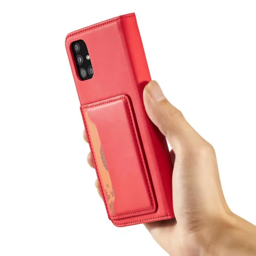 Samsung Galaxy A13 5G - Kinyitható tok, Ökobőrből, kártyatartóval, állványfunkcióval, mágneses záródással - Piros - Magnet Card Case