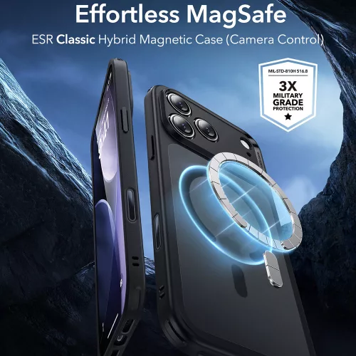 iPhone 17 Pro Max, Ütésállő MagSafe-es tok, Kameravédelemmel, Légpárnás sarkokkal - Matt Fekete - ESR Classic Hybrid HaloLock