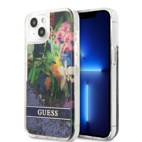 Guess Virág mintás Liquid Glitter tok iPhone 14 Pro - kék