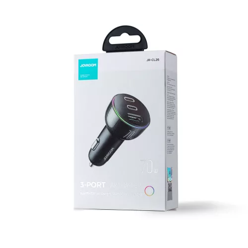 Autós Töltő 70W - 3 porttal (1 x USB, 2 x USB-C) - Fekete - Joyroom (JR-CL26) 