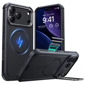   iPhone 17 Pro Max, Ütésálló MagSafe-es tok, kitámasztóval, háromrétegű védelemmel - Fekete - ESR - Cyber Armor Kickstand