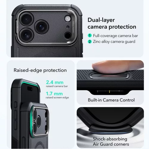 iPhone 17 Pro Max, Ütésálló MagSafe-es tok, kitámasztóval, háromrétegű védelemmel - Fekete - ESR - Cyber Armor Kickstand