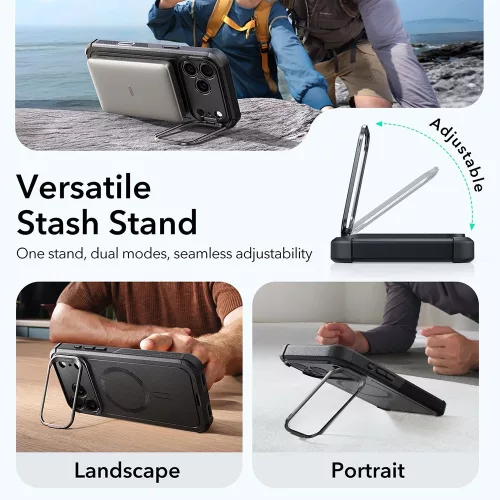 iPhone 17 Pro Max, Ütésálló MagSafe-es tok, kitámasztóval, háromrétegű védelemmel - Fekete - ESR - Cyber Armor Kickstand