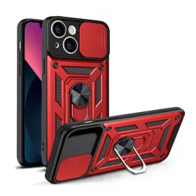   Modern Ütésálló Telefontok Állvánnyal és Kamera Védelemmel iPhone 14 - Piros