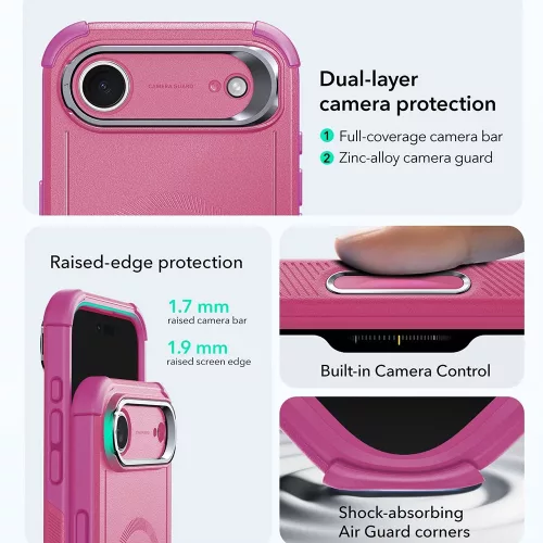 iPhone 17 Air, Ütésálló MagSafe-es tok, kitámasztóval, háromrétegű védelemmel - Rózsaszín - ESR - Cyber Armor Kickstand