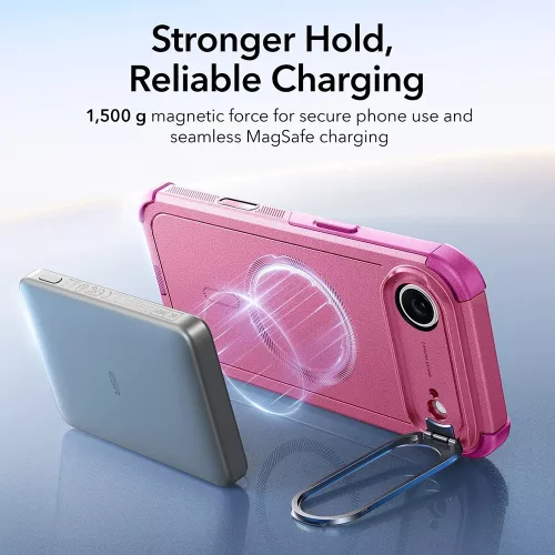 iPhone 17 Air, Ütésálló MagSafe-es tok, kitámasztóval, háromrétegű védelemmel - Rózsaszín - ESR - Cyber Armor Kickstand