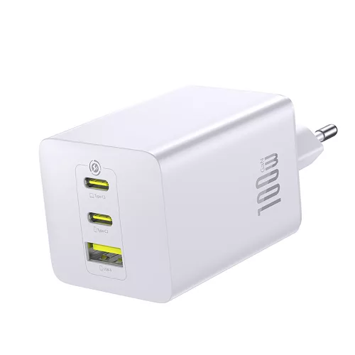 Hálózati töltő adapter 100W, 2x USB-C + USB-A, gyors töltés támogatás - Fehér - Baseus EnerFill FE11