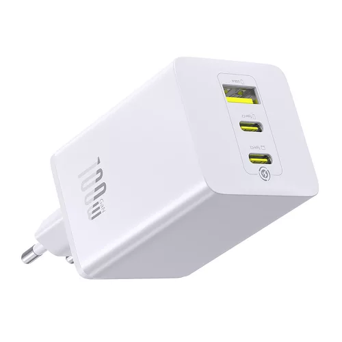 Hálózati töltő adapter 100W, 2x USB-C + USB-A, gyors töltés támogatás - Fehér - Baseus EnerFill FE11