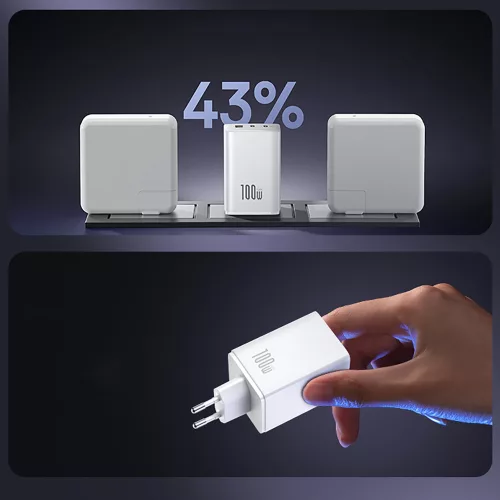 Hálózati töltő adapter 100W, 2x USB-C + USB-A, gyors töltés támogatás - Fehér - Baseus EnerFill FE11