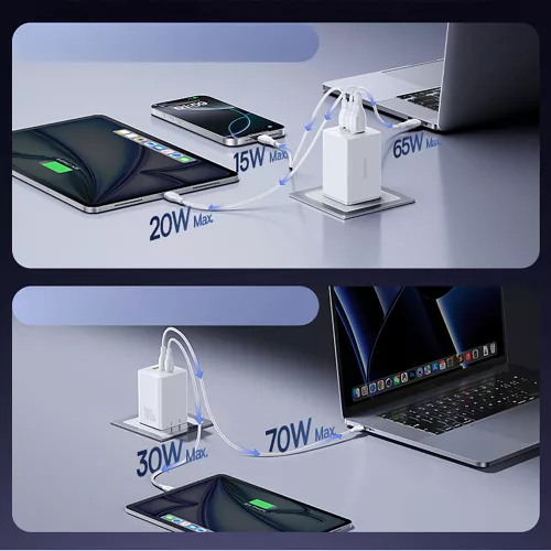 Hálózati töltő adapter 100W, 2x USB-C + USB-A, gyors töltés támogatás - Fehér - Baseus EnerFill FE11