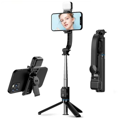 Techsuit - Selfie Bot (C01s) - Összecsukható, stabil tripod állvánnyal, Bluetooth távirányítóval és LED fénnyel, 107 cm - Fekete