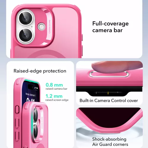 iPhone 17, Ütésállő MagSafe-es tok, Kameravédelemmel, Légpárnás sarkokkal - Matt rózsaszín - ESR Classic Hybrid HaloLock
