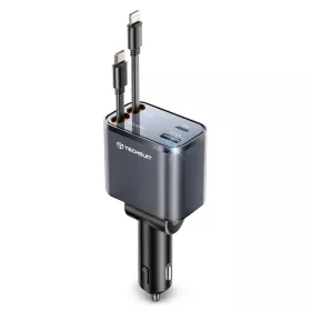   Techsuit NanoVoltX (C1) autós töltő – beépített kihúzható USB-C és Lightning kábelekkel – Szürke