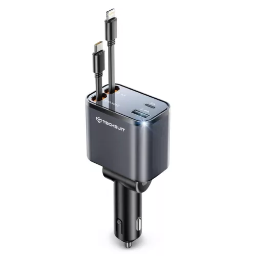 Techsuit NanoVoltX (C1) autós töltő – beépített kihúzható USB-C és Lightning kábelekkel – Szürke