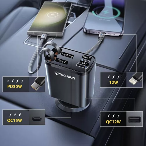 Techsuit NanoVoltX (C1) autós töltő – beépített kihúzható USB-C és Lightning kábelekkel – Szürke