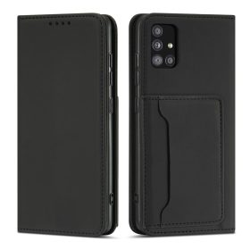   Samsung Galaxy A13 5G - Kinyitható tok, Ökobőrből, kártyatartóval, állványfunkcióval, mágneses záródással - fekete - Magnet Card Case