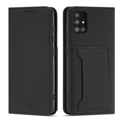 Samsung Galaxy A13 5G - Kinyitható tok, Ökobőrből, kártyatartóval, állványfunkcióval, mágneses záródással - fekete - Magnet Card Case