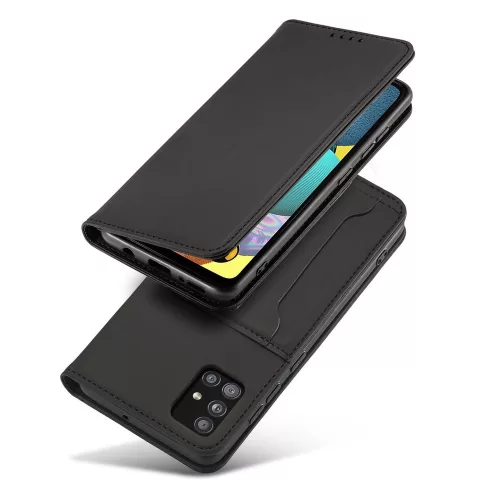 Samsung Galaxy A13 5G - Kinyitható tok, Ökobőrből, kártyatartóval, állványfunkcióval, mágneses záródással - fekete - Magnet Card Case