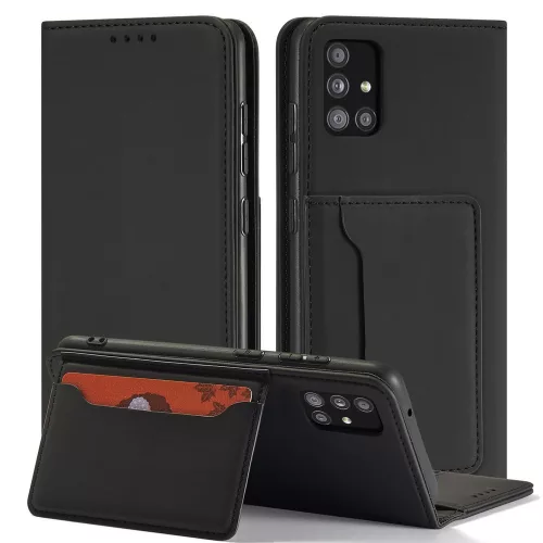 Samsung Galaxy A13 5G - Kinyitható tok, Ökobőrből, kártyatartóval, állványfunkcióval, mágneses záródással - fekete - Magnet Card Case