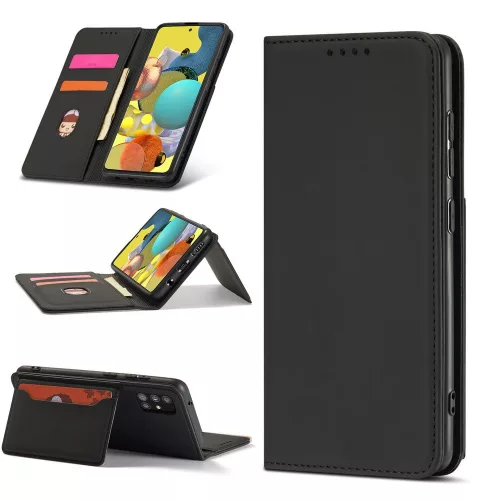 Samsung Galaxy A13 5G - Kinyitható tok, Ökobőrből, kártyatartóval, állványfunkcióval, mágneses záródással - fekete - Magnet Card Case