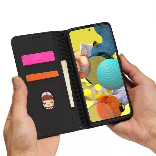 Samsung Galaxy A13 5G - Kinyitható tok, Ökobőrből, kártyatartóval, állványfunkcióval, mágneses záródással - fekete - Magnet Card Case