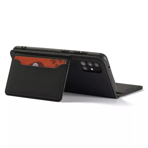 Samsung Galaxy A13 5G - Kinyitható tok, Ökobőrből, kártyatartóval, állványfunkcióval, mágneses záródással - fekete - Magnet Card Case