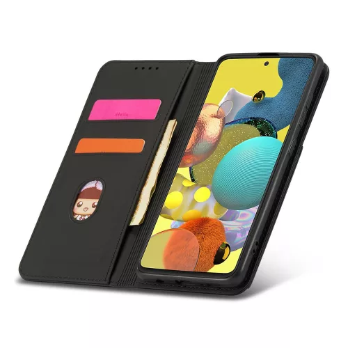 Samsung Galaxy A13 5G - Kinyitható tok, Ökobőrből, kártyatartóval, állványfunkcióval, mágneses záródással - fekete - Magnet Card Case