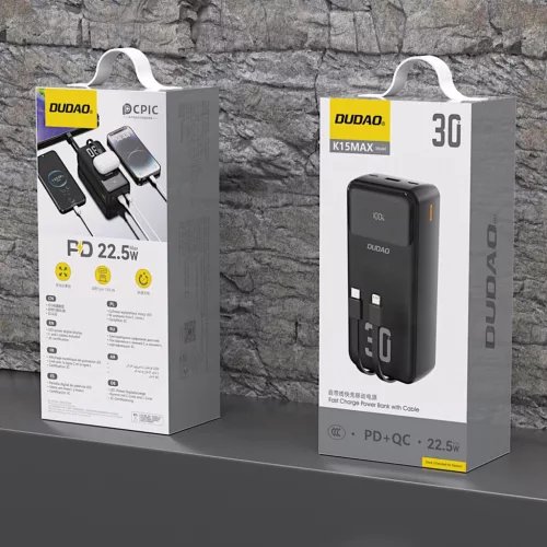Dudao K15MAX 30000mAh PD 22.5W Powerbank beépített kábelekkel - Fekete