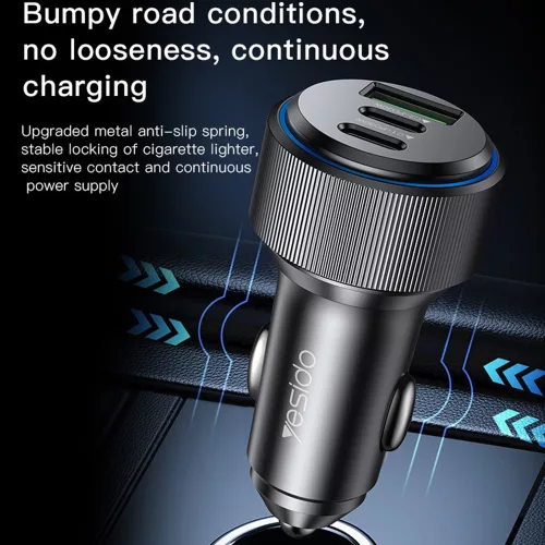 Yesido Y50 autós töltő – 2× USB-C + USB-A, gyorstöltés, 60 W – fekete