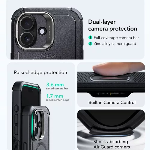 iPhone 17, Ütésálló MagSafe-es tok, kitámasztóval, háromrétegű védelemmel - Fekete - ESR - Cyber Armor Kickstand
